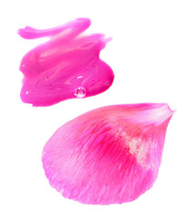 Pink peony petal and pink liquid lipstick smear isolated on white background