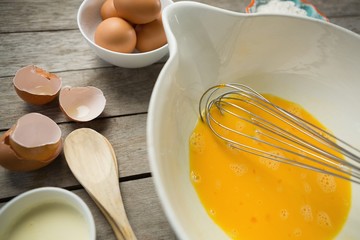 High angle view of egg yolk in container