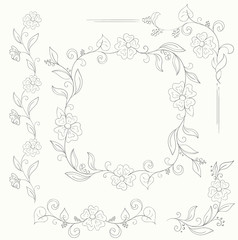 set of floral design elements hand-drawn for coloring book