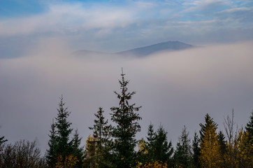 Foggy morning in the Ukrainian Carpathian Mountains in the autumn season