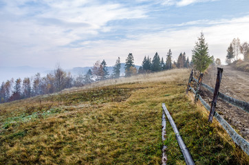 Foggy morning in the Ukrainian Carpathian Mountains in the autumn season