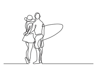 one line drawing of young couple standing on beach with surfboard