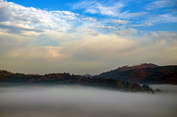 Foggy morning in the Ukrainian Carpathian Mountains in the autumn season