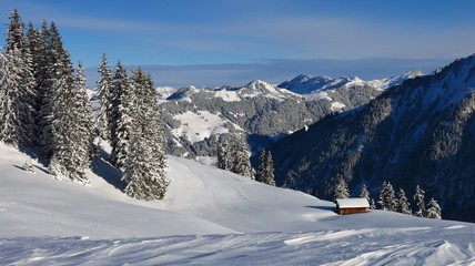 View from mount Hohe Wispile, Gstaad. Snow covered trees and mountains. Winter scene in Switzerland.