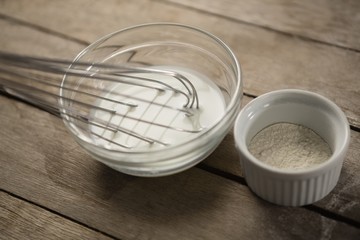 Close up of milk with wire whisk and flour in container