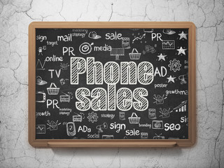 Advertising concept: Chalk White text Phone Sales on School board background with  Hand Drawn Marketing Icons, 3D Rendering