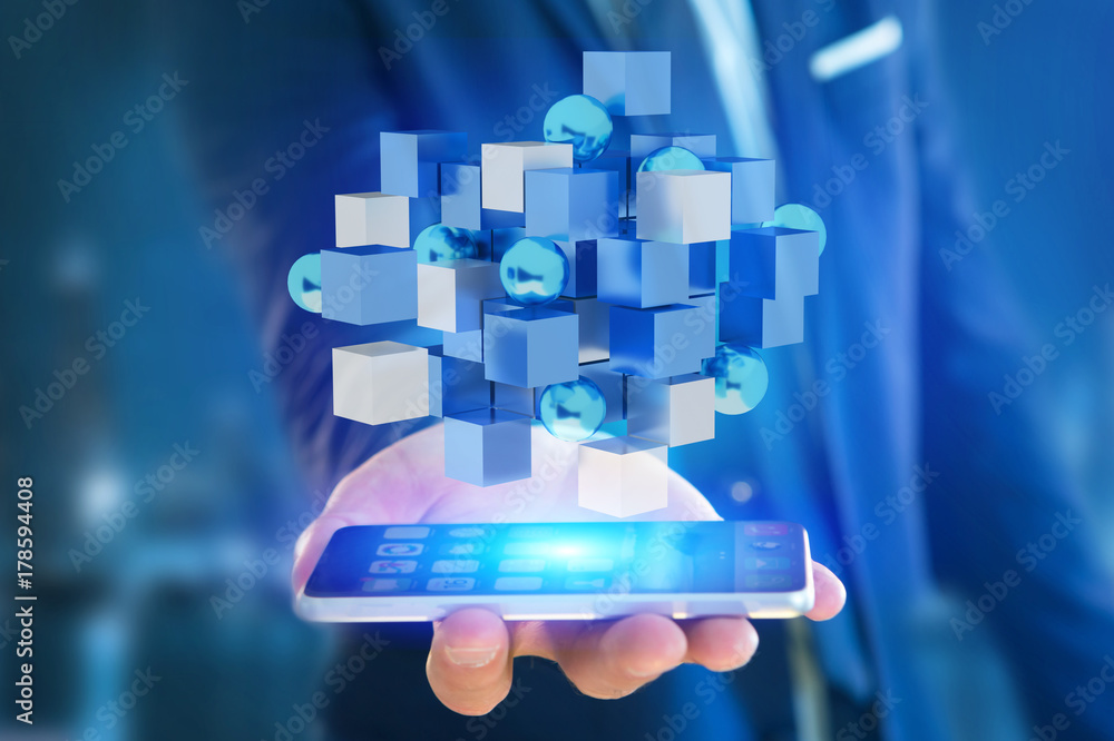 Poster 3d rendering blue and white cube on a futuristic interface