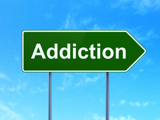 Healthcare concept: Addiction on green road highway sign, clear blue sky background, 3D rendering