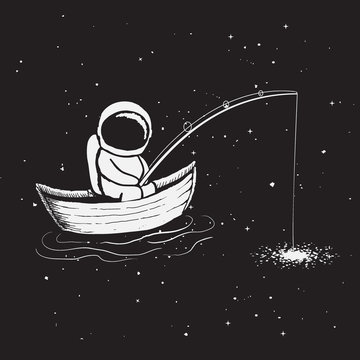 Astronaut sits in boat and catches a stars through fishing rod from galaxy.Childish vector illustration.Hand drawn prints design.