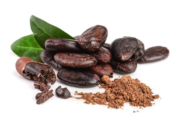 peeled cocoa bean with leaf and cocoa powder isolated on white background