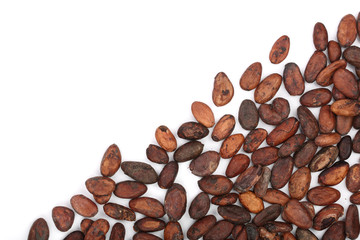 unpeeled cocoa bean isolated on white background with copy space for your text. Top view