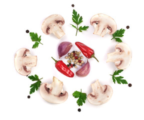 mushrooms with parsley leaf garlic and peppercorns isolated on white background. top view. Flat lay