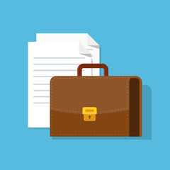 Suitcase and paper documents. Leather briefcase. Illustration in a flat style with a shadow isolated on a blue background.