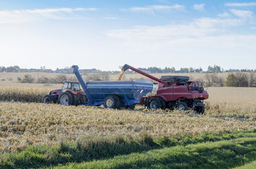 Obraz premium Harvesting Machine Loading Grain into Truck in a Field