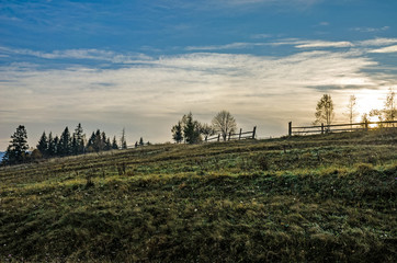 Foggy morning in the Ukrainian Carpathian Mountains in the autumn season