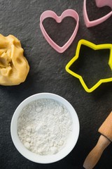 Overhead view of moulds flour and dough