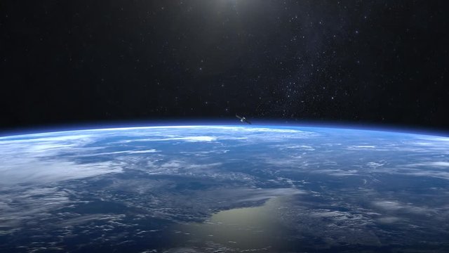 The satellite is orbiting the Earth. The satellite is flying from far away quickly, and disappears from the camera. The earth rotates slowly. 4K.