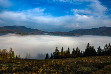 Foggy morning in the Ukrainian Carpathian Mountains in the autumn season
