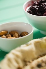 Almonds in bowl by tart