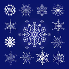 Fototapeta na wymiar Set of New Year decorative snowflakes on a blue background