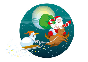 Merry Santa Claus with a bag of gifts riding on a deer in with a sled on which sits a snowman. Christmas, New Year’s xmas cartoon characters in a Flat style on the background of a snowy sky. Vector