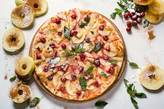 food photography art. apple pie recipe. creative restaurant fruit pizza menu concept