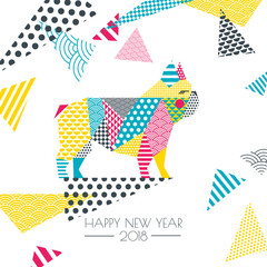 Vector color illustration of french bulldog dog with patchwork geometric triangle texture. Creative New Year greeting card, poster, banner design elements. Chinese calendar decoration.