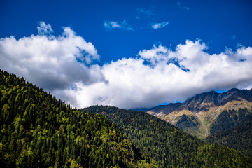 Fototapeta na wymiar large dense mountain against a blue sky with clouds