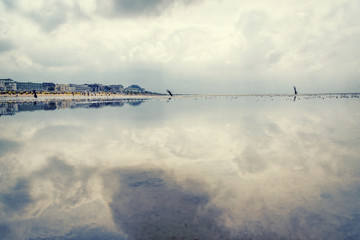 Cloudscape above National park, Lower saxony. In the front the tidal flats of the wadden sea with...