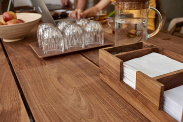 Wooden table in cafe