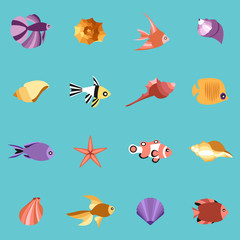 Seahells and fish in vector isolated on blue