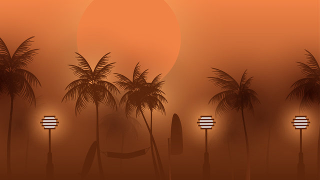 Beach Walkway at Night with Moonlight and Palm Trees  - Vector Illustration.