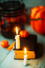 Scary halloween pumpkin with bats on white background. Halloween scene.