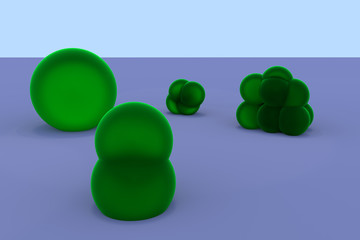3D-Rendering von grünlichen, leicht durchsichtigen Kugeln unterschiedlicher Größe, teils verschmolzen, auf einer hellen Oberfläche stehend