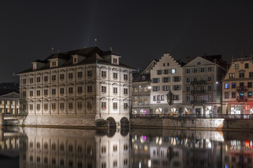 Fototapeta na wymiar embankment of Limmat river in evening, Zurich
