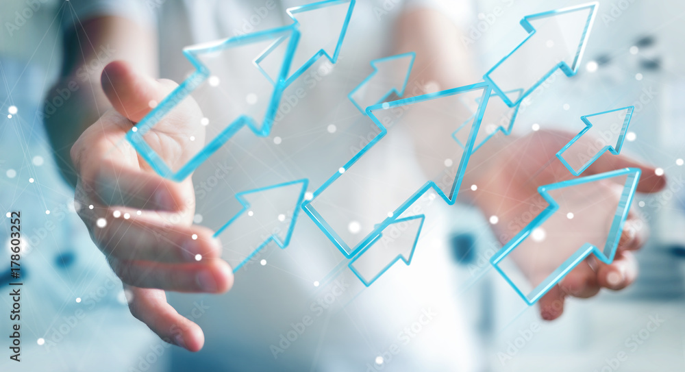 Poster businessman using digital modern arrow 3d rendering