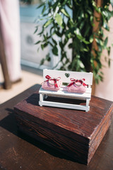 Wedding rings on small pink pillows decorated with eucalyptus