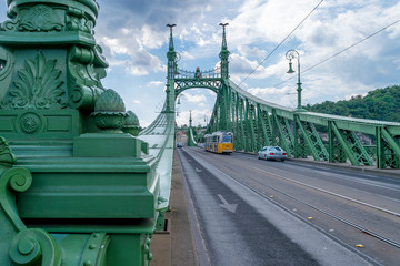 A tramway on Liberty Bridge in Budapest, Hungary on September 2017