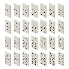 Isometric white domino full set. Classic game dominoes. Dominoes bones set 28 pieces Vector illustration