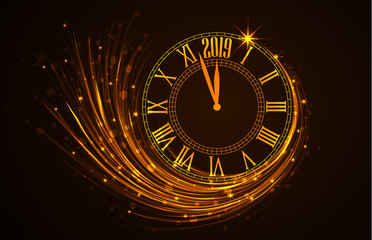 Obraz na płótnie Canvas Happy New Year 2019, vector illustration Christmas background with clock showing year