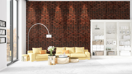 Scene with brand new interior in vogue with white rack and yellow couch. 3D rendering. Horizontal arrangement.