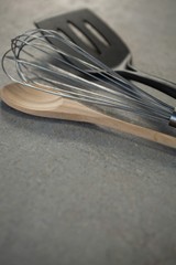 Wooden spoon with wire whisk and spatula