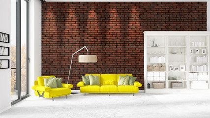 Scene with brand new interior in vogue with white rack and yellow couch. 3D rendering. Horizontal arrangement.