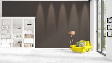 Scene with brand new interior in vogue with white rack and modern yellow chair. 3D rendering. Horizontal arrangement.