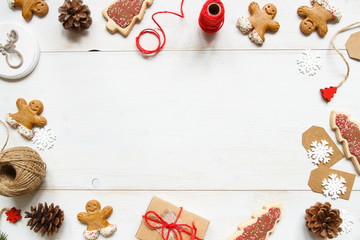 Christmas background. Christmas gift with christmas decorations on the wooden white table.