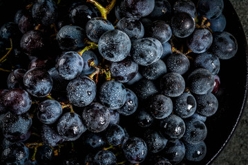 Raw natural organic farmer's black grapes, bunches on black plate, dark stone background, top close view