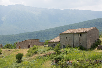 Ancient restored houses in an abandoned mountain village, Central Italy 