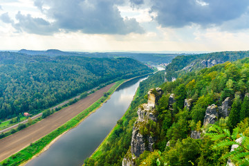Fototapeta na wymiar The Elbe River in Saxon Switzerland. View from the observation deck Bastei