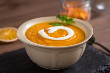 Creamy pumpkin soup with vegetables and spices.