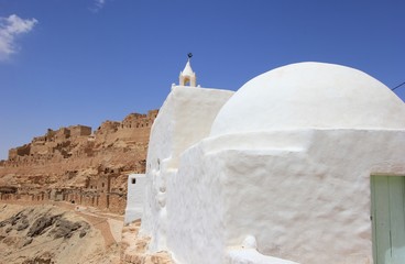 Blanc, bleu, mosquee, village tunisien